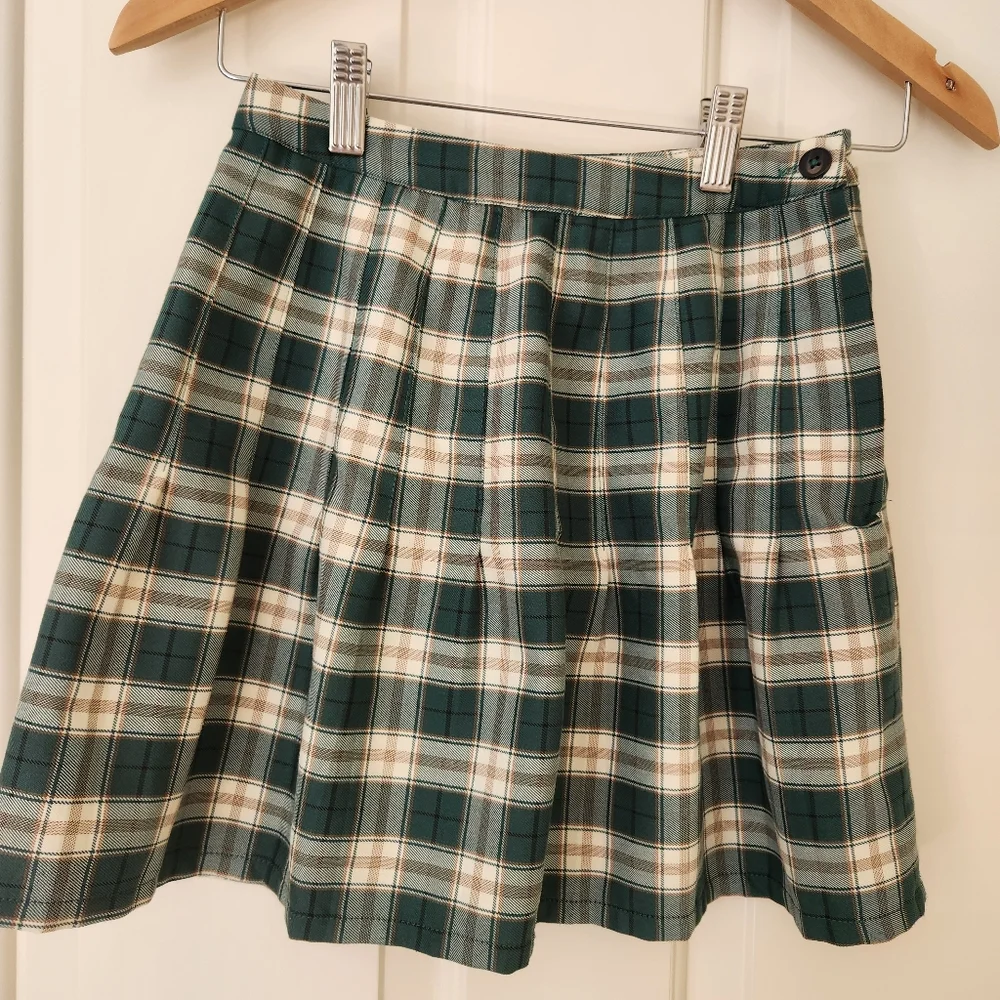 Urban Outfitters Green Plaid Pleated Schoolgirl Mini Skater Skirt Academia XS - Picture 4 of 14